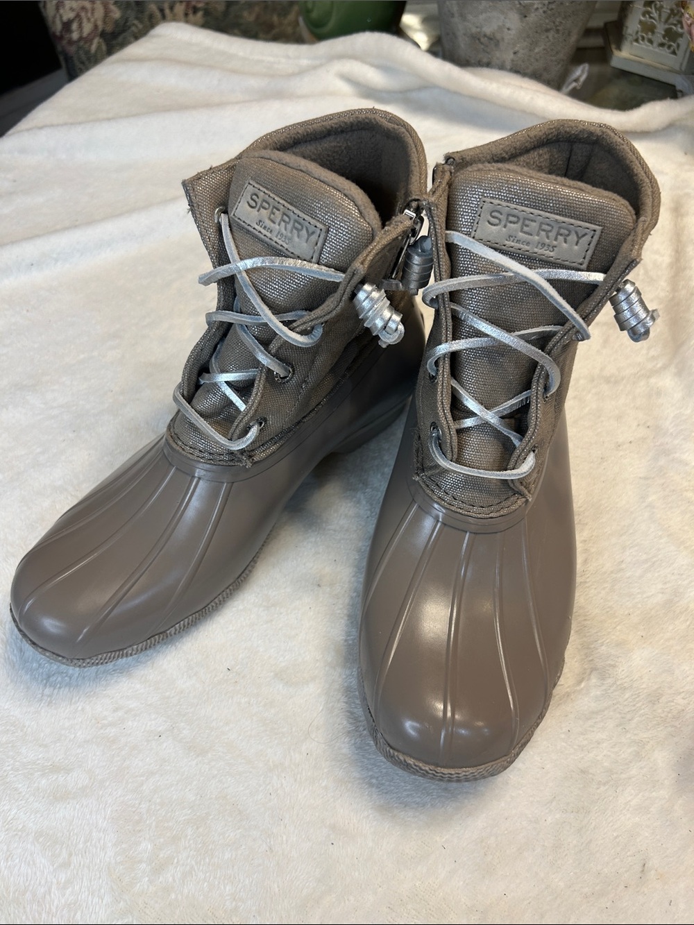 Sperry Women's Taupe Gray Duck Boots - Waterproof Ankle Rain Booties